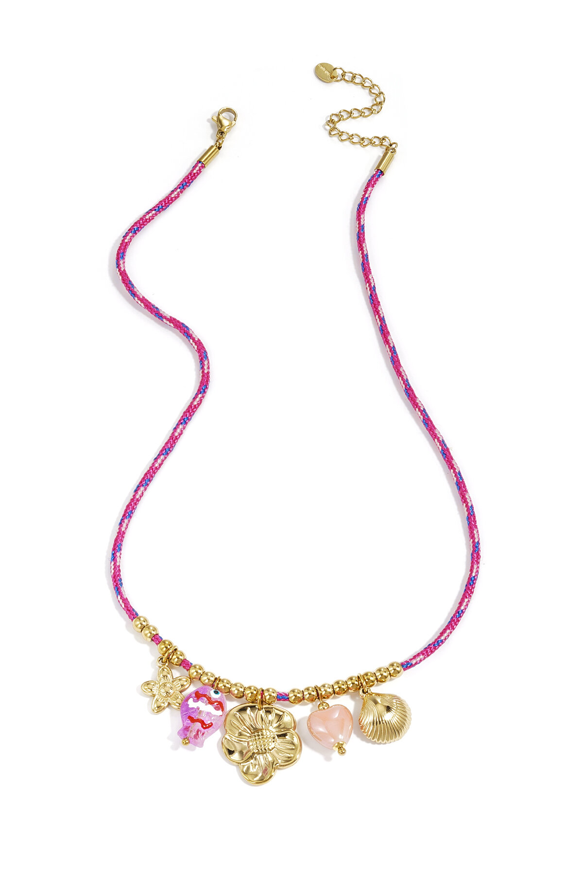 Colorful cord necklace with varying pendants and fish pendant 
