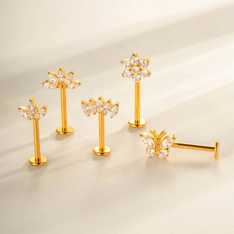1 Piece Flower Titanium Alloy Gold Color Zircon Piercing Earring Picture3