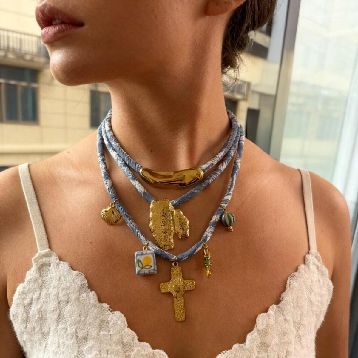 1 Piece Cross Gold Color Pendant Fabric Necklace