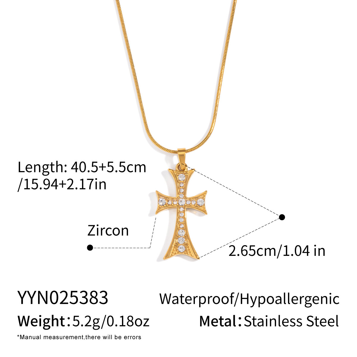 Cross Shape Stainless Steel Waterproof Gold Color Zircon Necklace Set