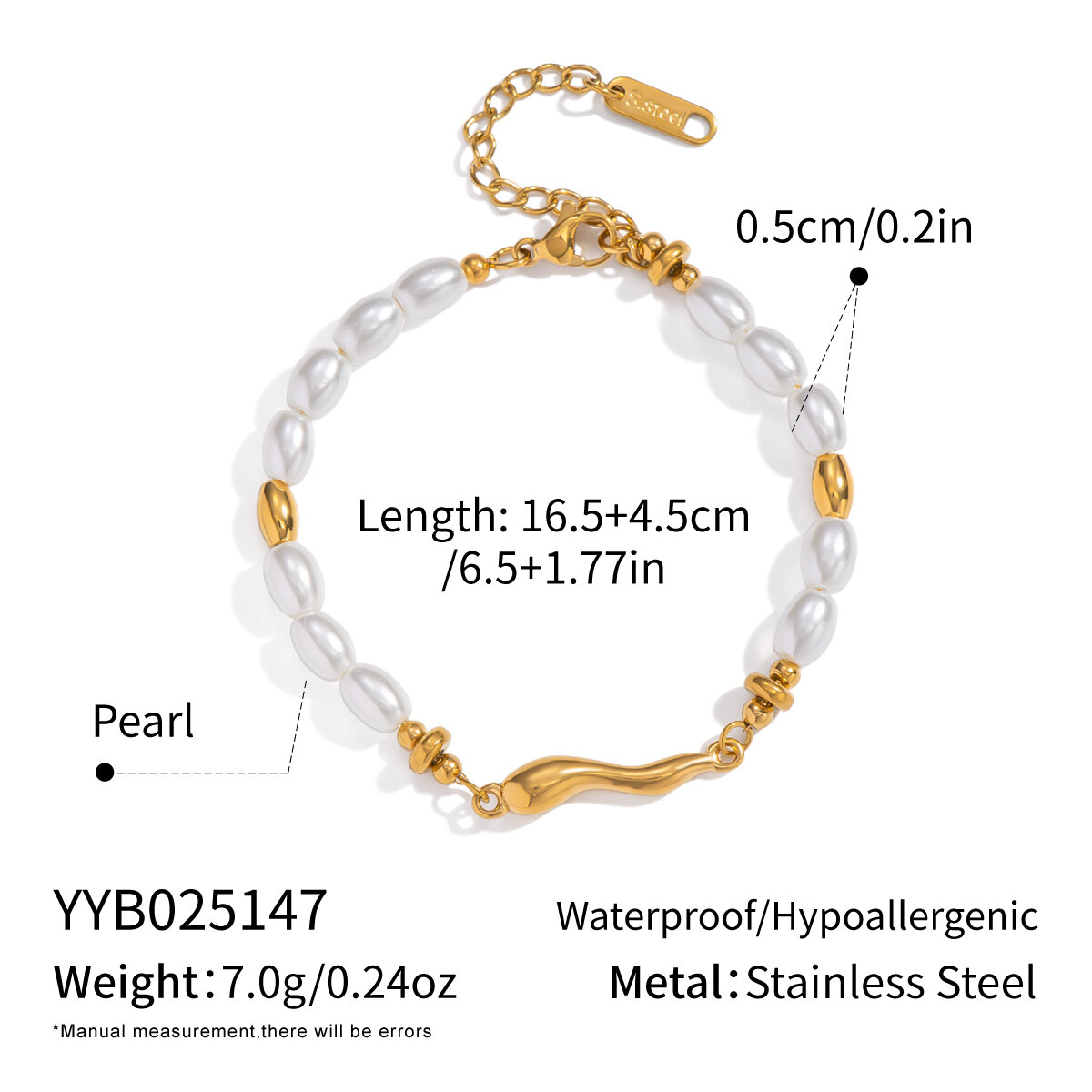 1 Piece Pearl Beads Stainless Steel Waterproof Gold Color Beaded Bracelet h5 