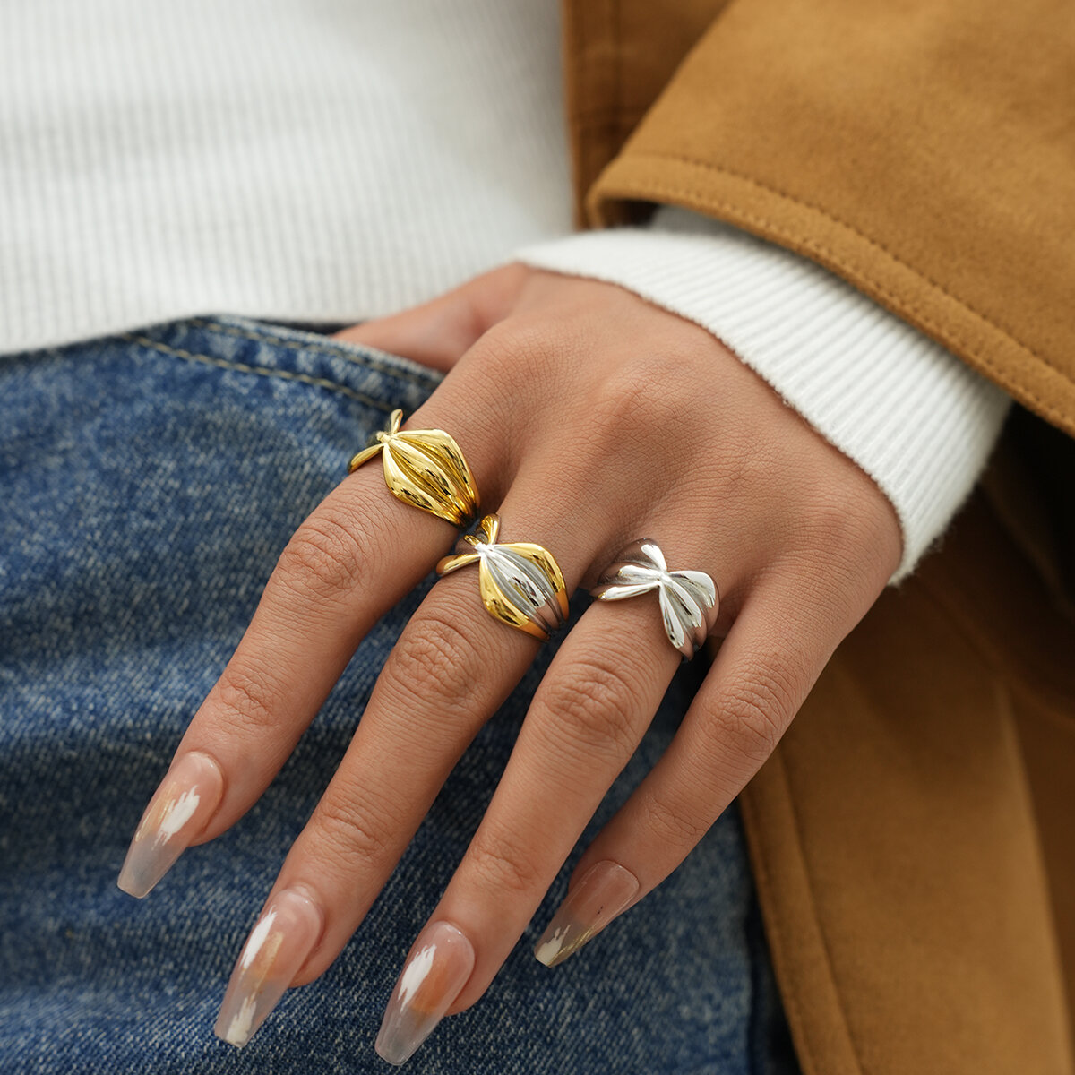 1 Piece  Daily Irregular Shape Stainless Steel Waterproof   Gold Color Women's Statement Rings h5 Picture4
