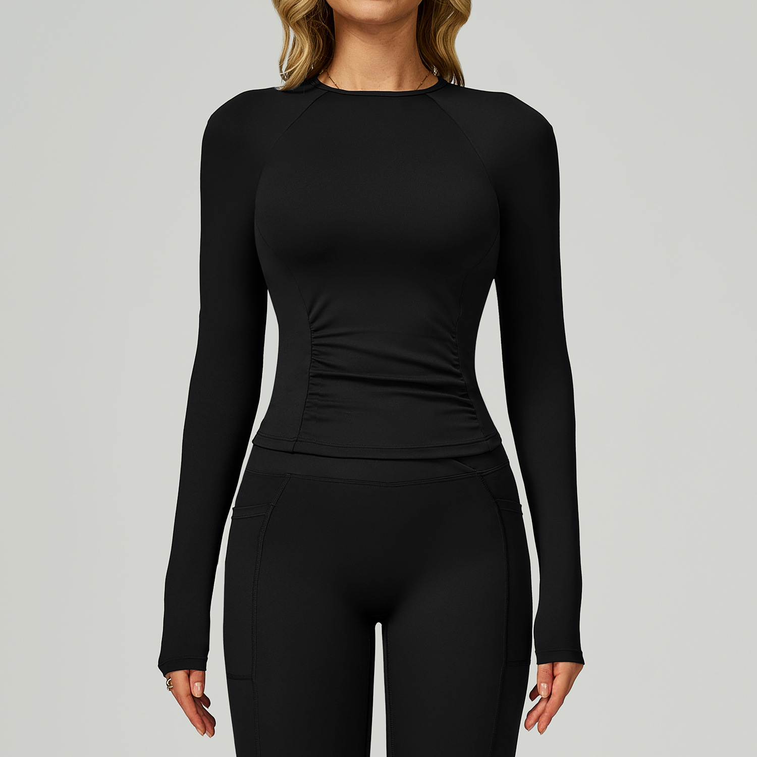 1 Piece Solid Color Round-Neck Long Sleeve Fitted Yoga Sports Top