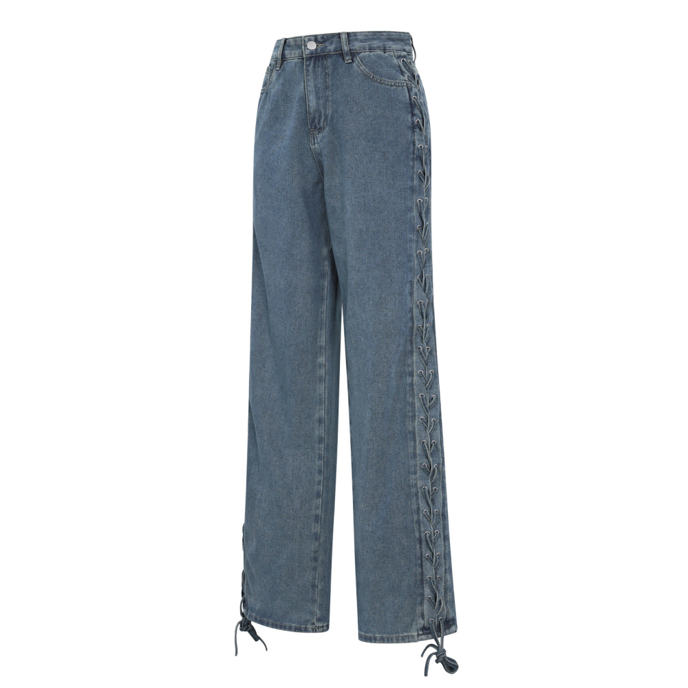 Woven Cotton Women's Straight Leg Pants Tie-Up Casual h5Picture2