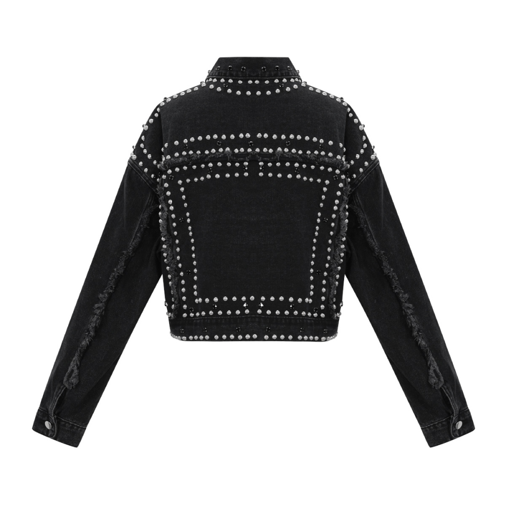 Woven Cotton Women's Denim Jacket Street Solid Color Studded Design h5Picture3