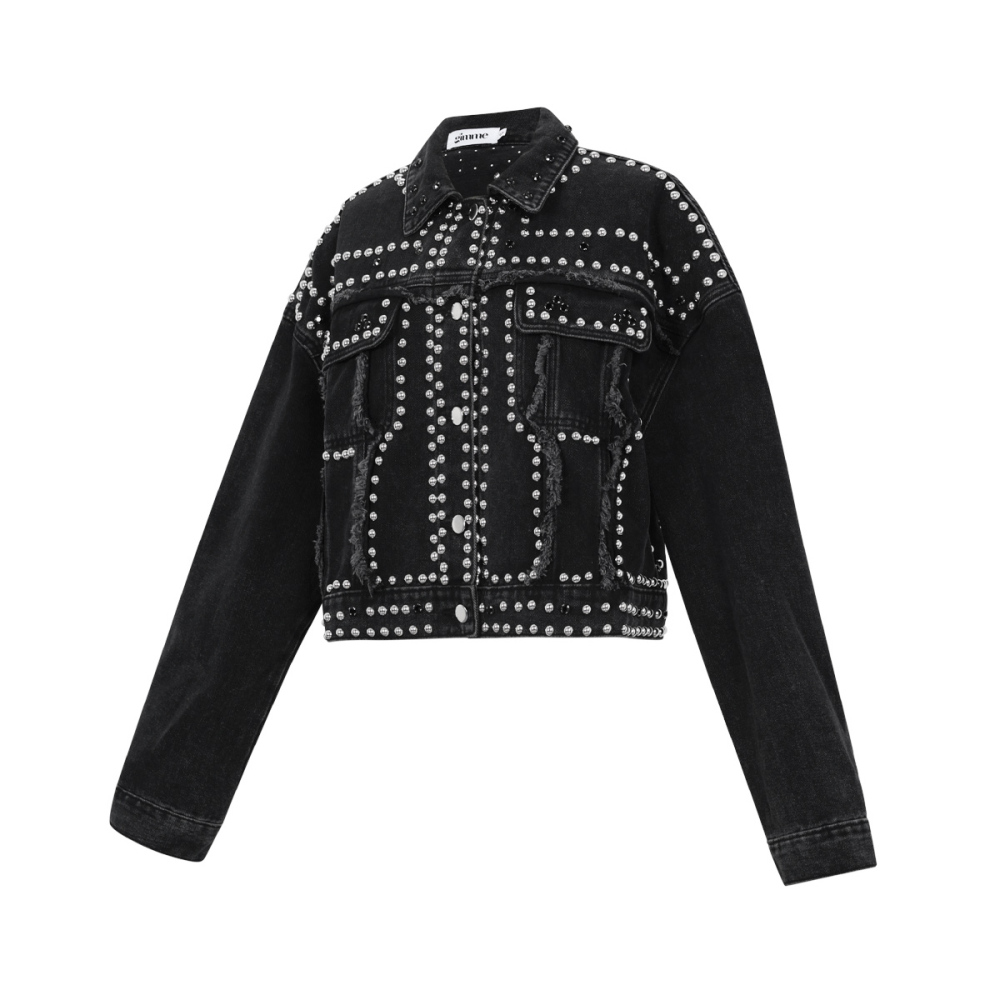 Woven Cotton Women's Denim Jacket Street Solid Color Studded Design h5Picture2