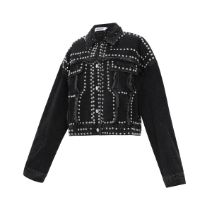 Woven Cotton Women's Denim Jacket Street Solid Color Studded Design h5 Picture2