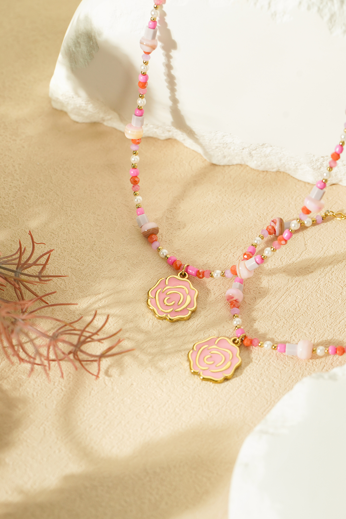 Bracelet perles roses - Couleur rose et or Image3