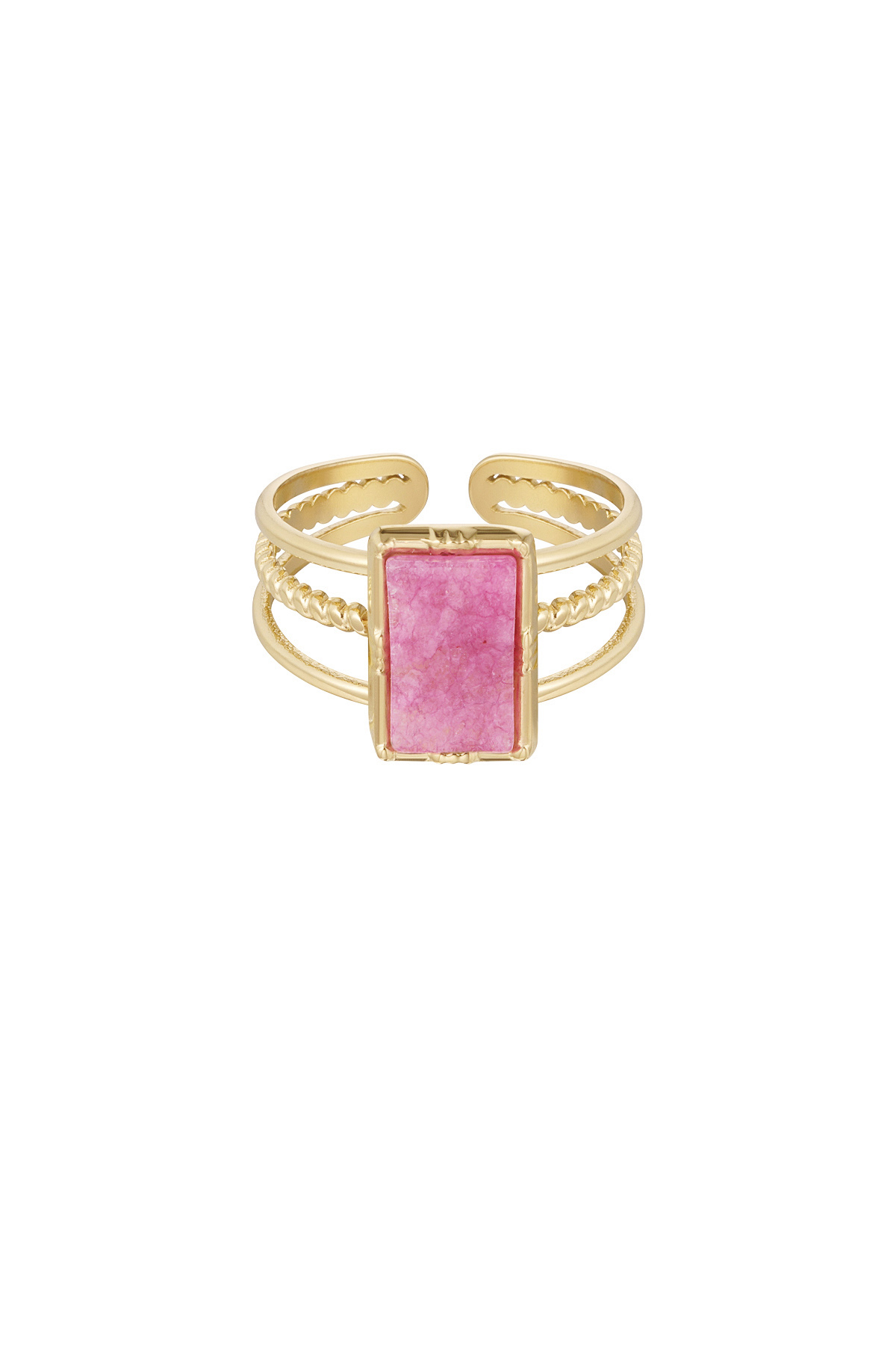 Anillo piedra rectangular de tres capas - Color dorado/fucsia 