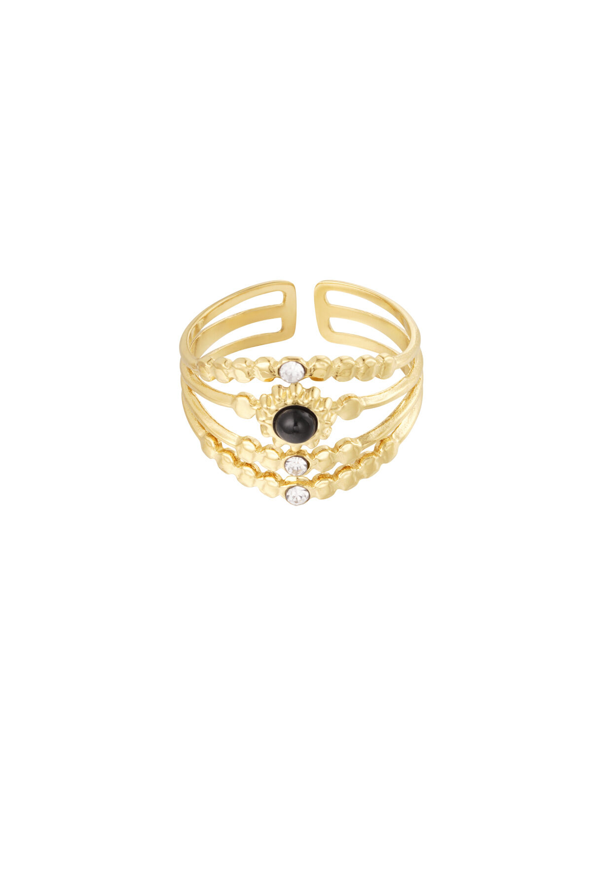 Ring Vierlaags Met Steentjes - Goud Kleur/Zwart/Wit