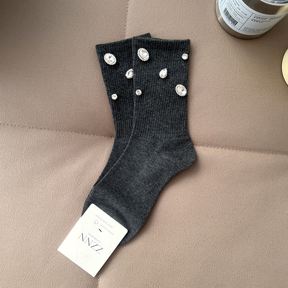 Elegant Solid Color Geometric Pattern Hot Rhinestones Mid-Calf Socks h5Picture2