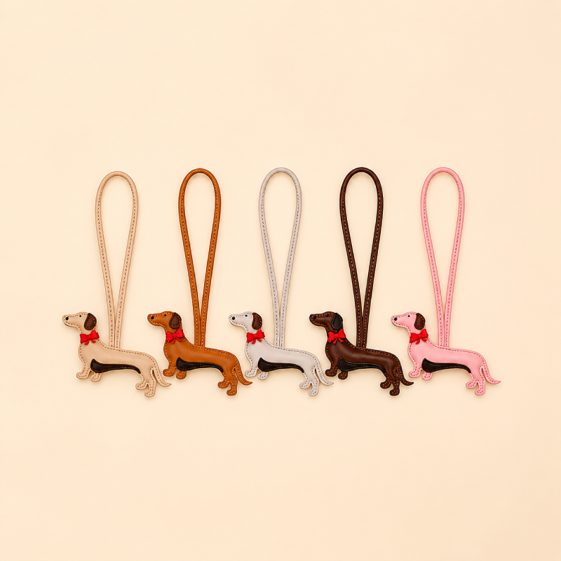 Llaveros sencillos de piel sintética con diseño de perro salchicha en colores variados.