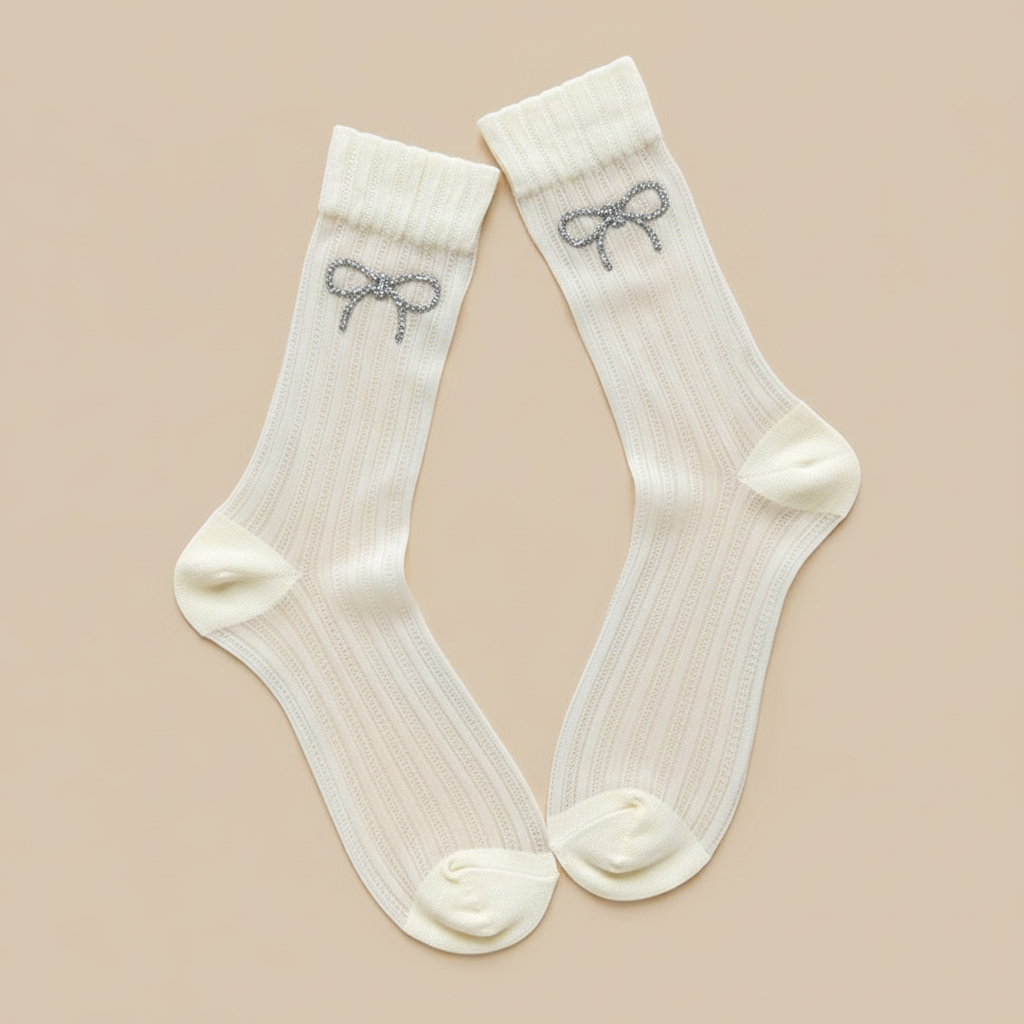 Elegante, einfarbige Socken mit Strasssteinen, die bis zur Wade reichen 2