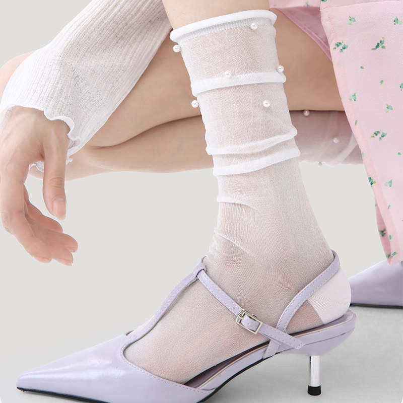 High Bounce Elegant Pearl Solid Color Mid-Calf Socks h5Picture3