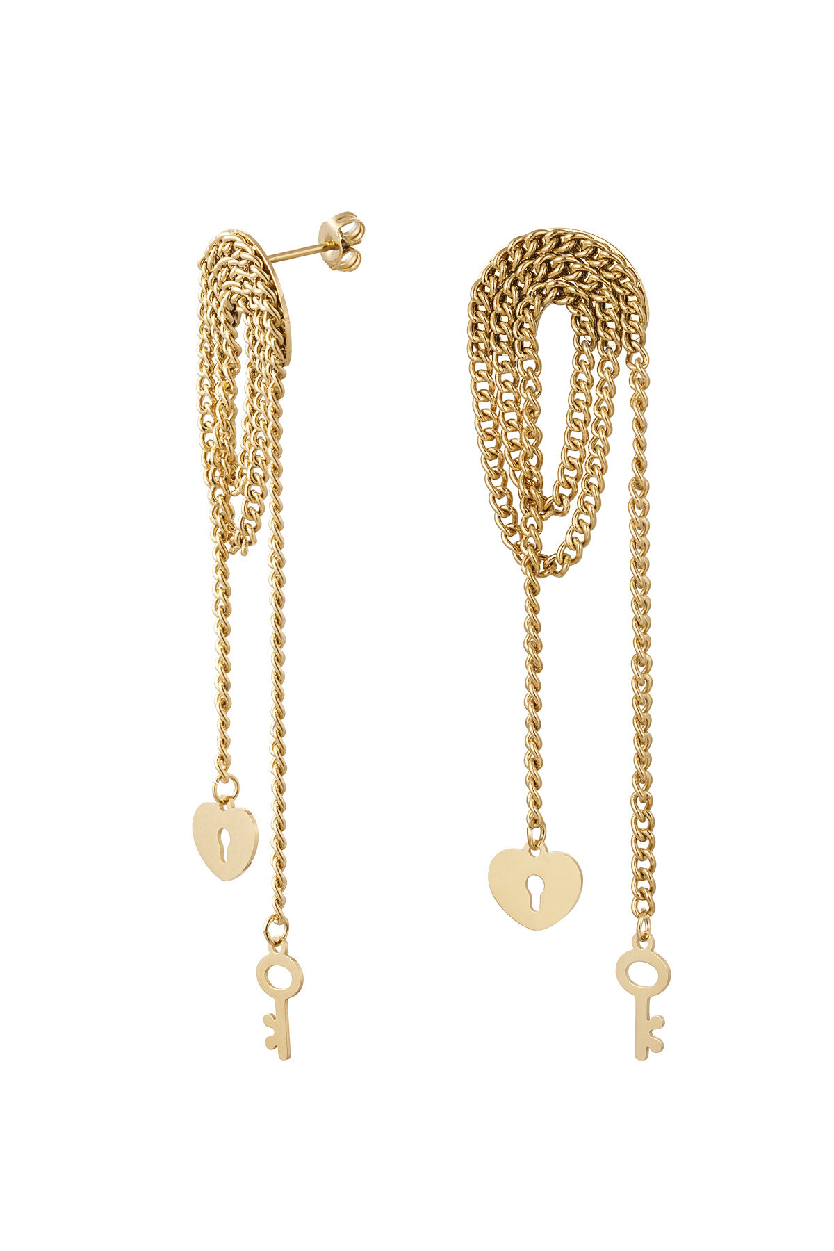 Earrings necklace bundle key & lock - Gold Color Stainless Steel