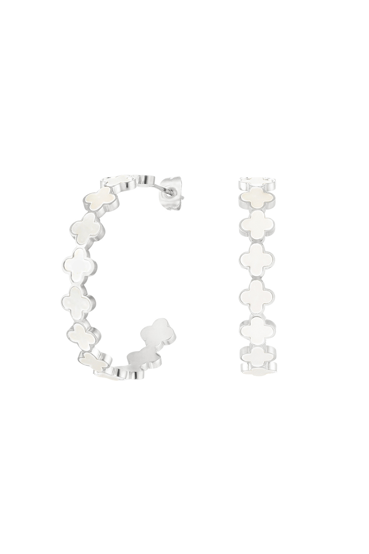 Ear Studs Clover - Silver Color/White Stainless Steel