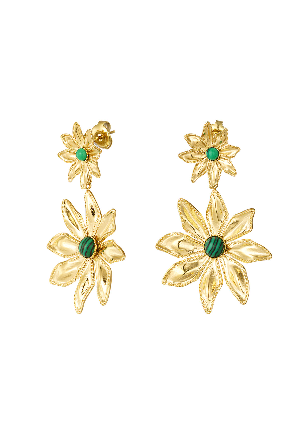 Doppelte Blumenohrringe - Goldfarbe/Grün h5 
