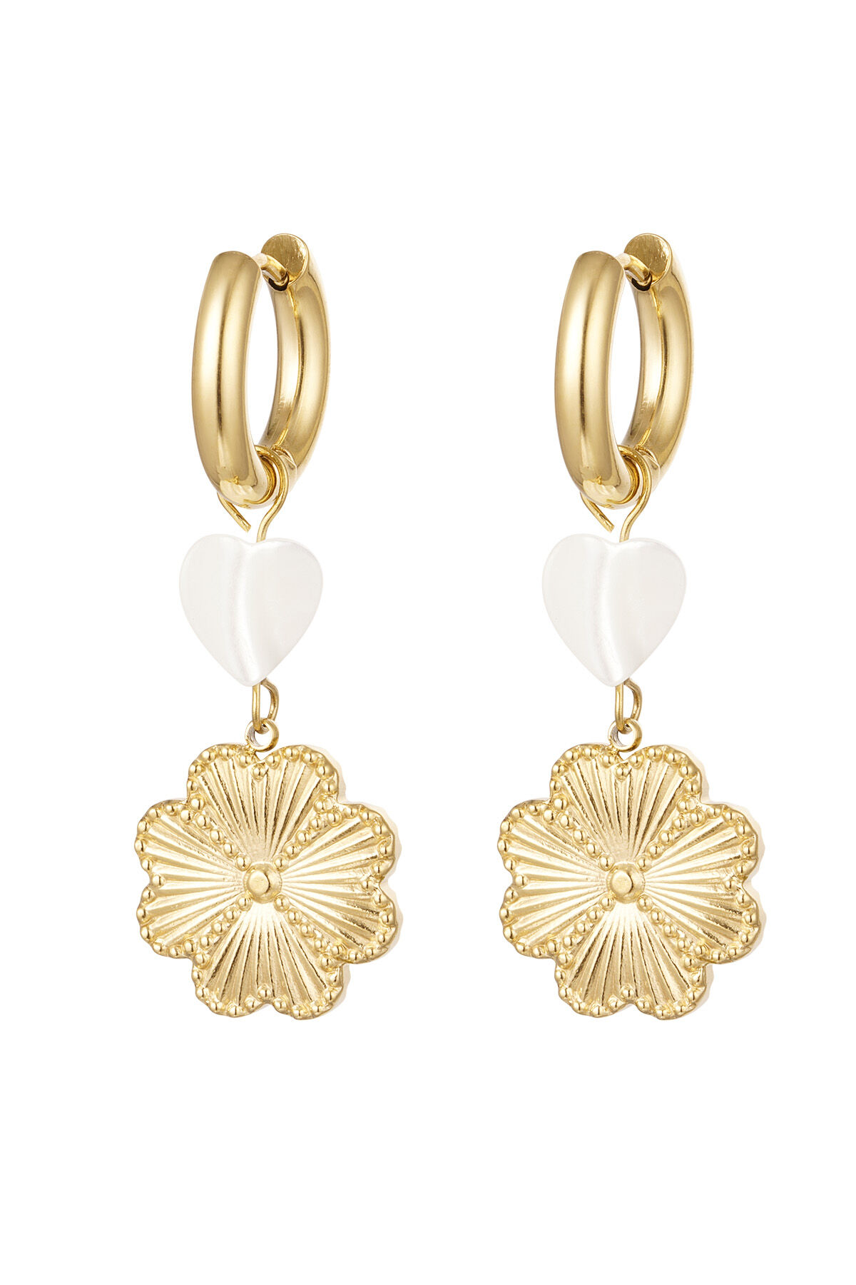 Earrings with charms heart & flower - Gold Color Stainless Steel