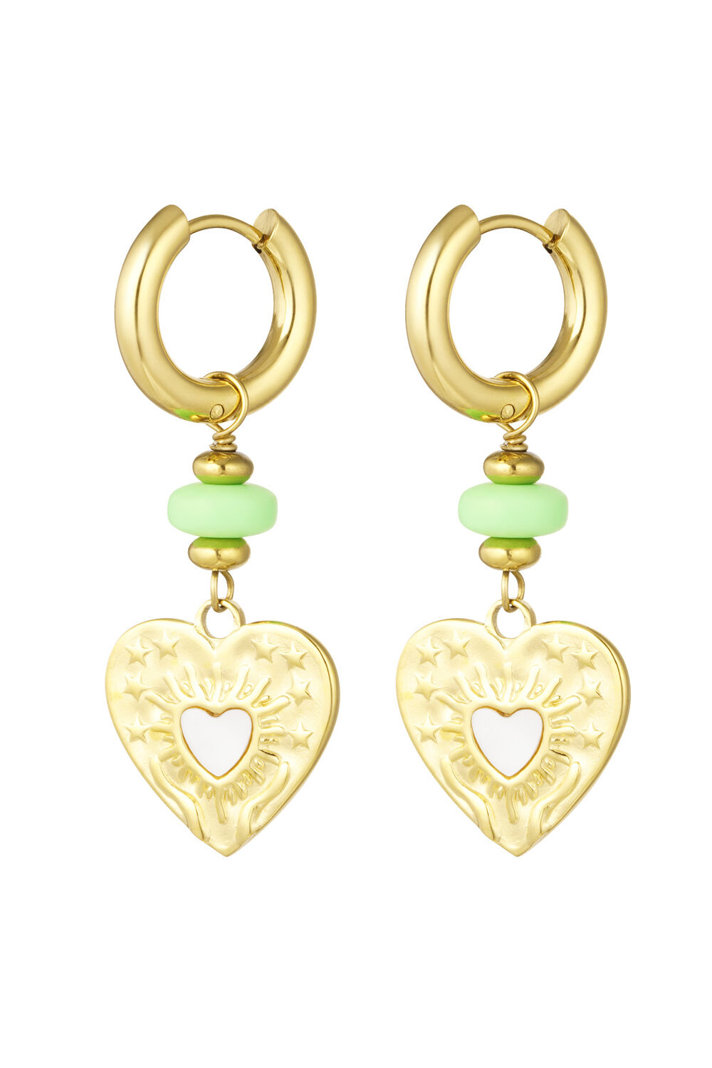 Boucles d'Couleur oreilles pièce coeur avec perle verte - Couleur or/vert