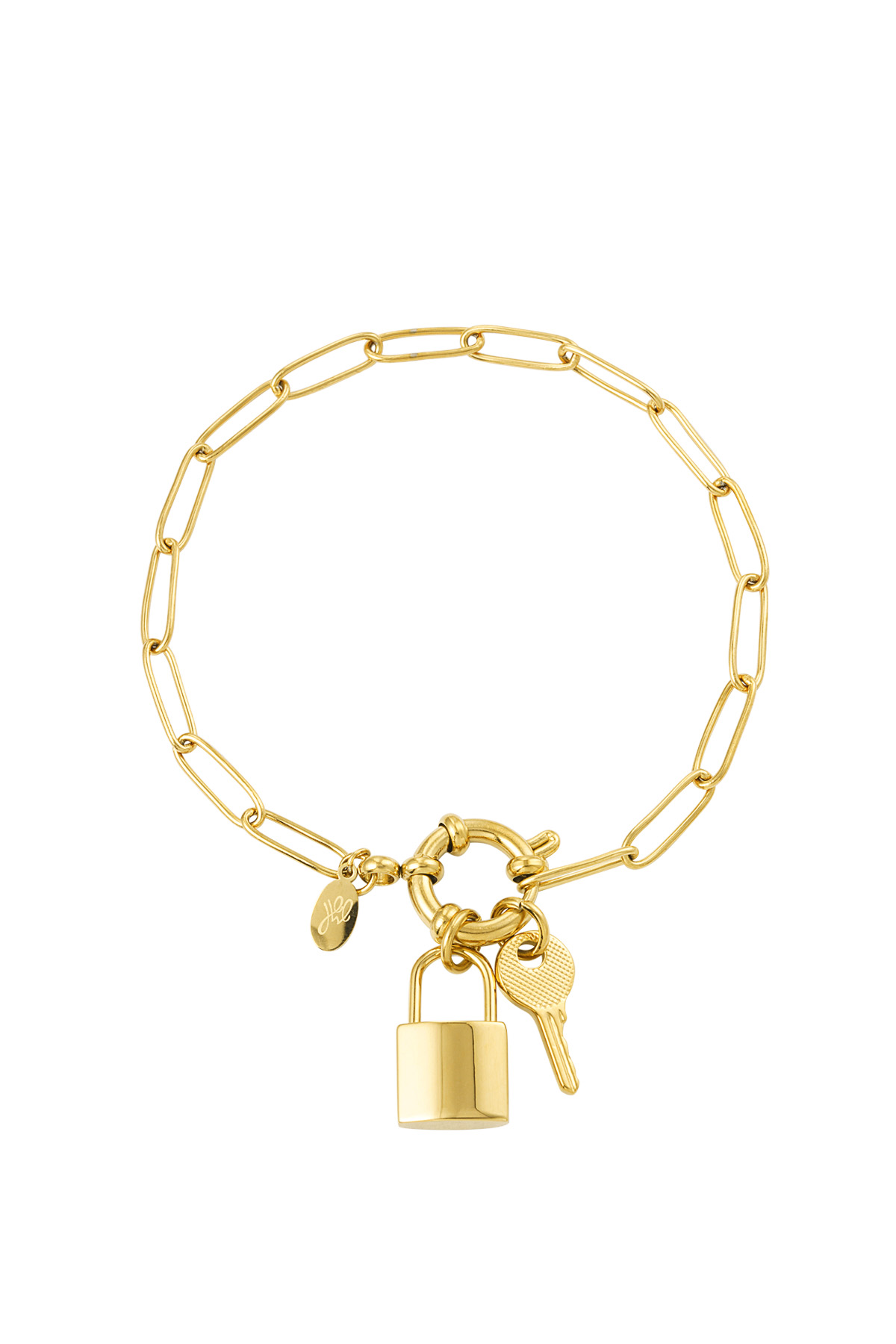 Gliederarmband mit rundem Verschluss, Schlüssel und Schloss – Goldfarbe - Goldfarbefarbe 