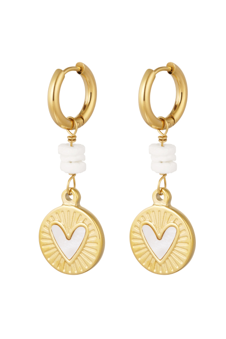 Earrings hanging heart coin - Gold color/white