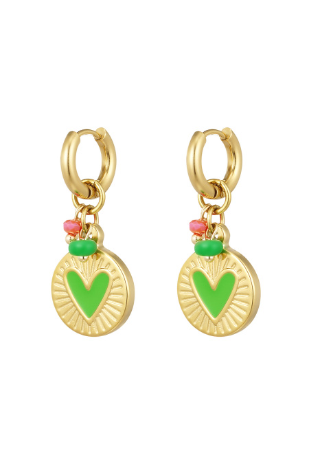 earrings coin pendant with heart green
