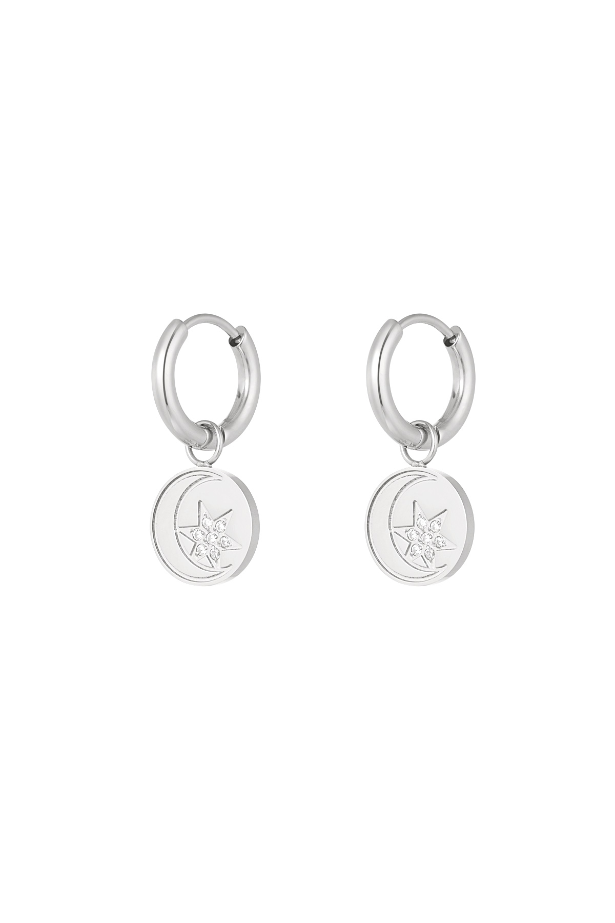 Minimalist round earrings with star and moon - Silver Color color