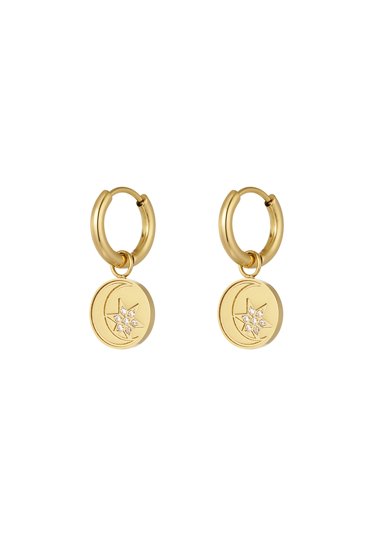 pendientes redondos minimalistas con estrella y luna 