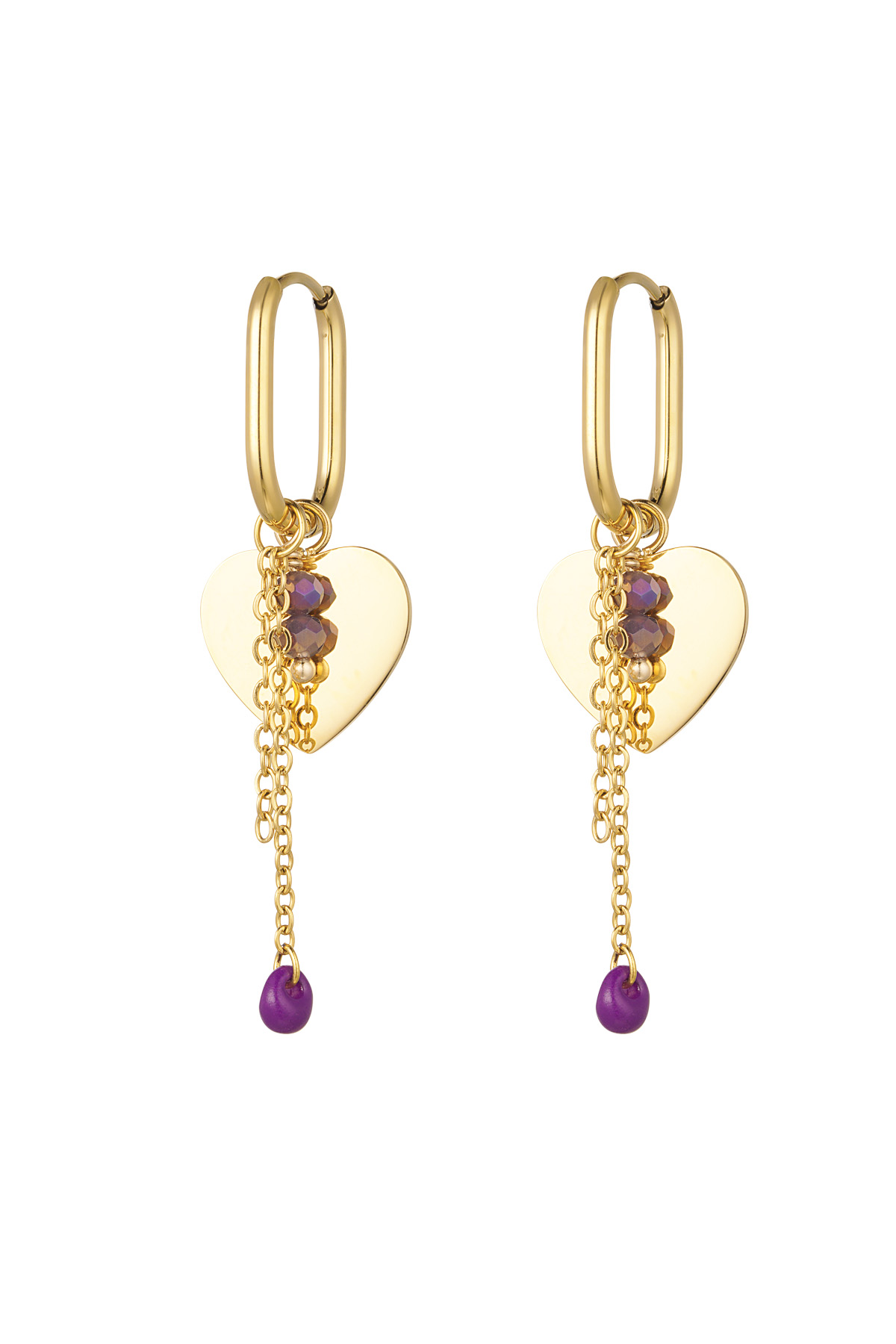Herzohrringe mit Kette und Perlen – Goldfarbe/Lila