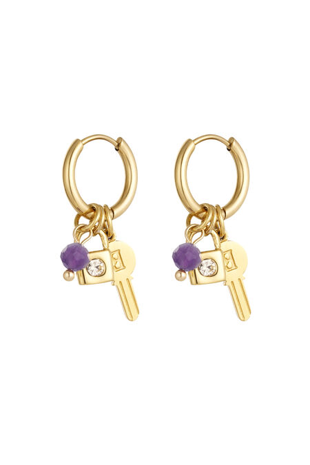 Key Earrings With Beads - Gold Color/Purple