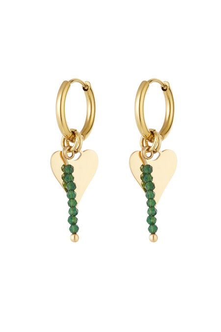 Earrings Heart With Beads - Gold Color/Green