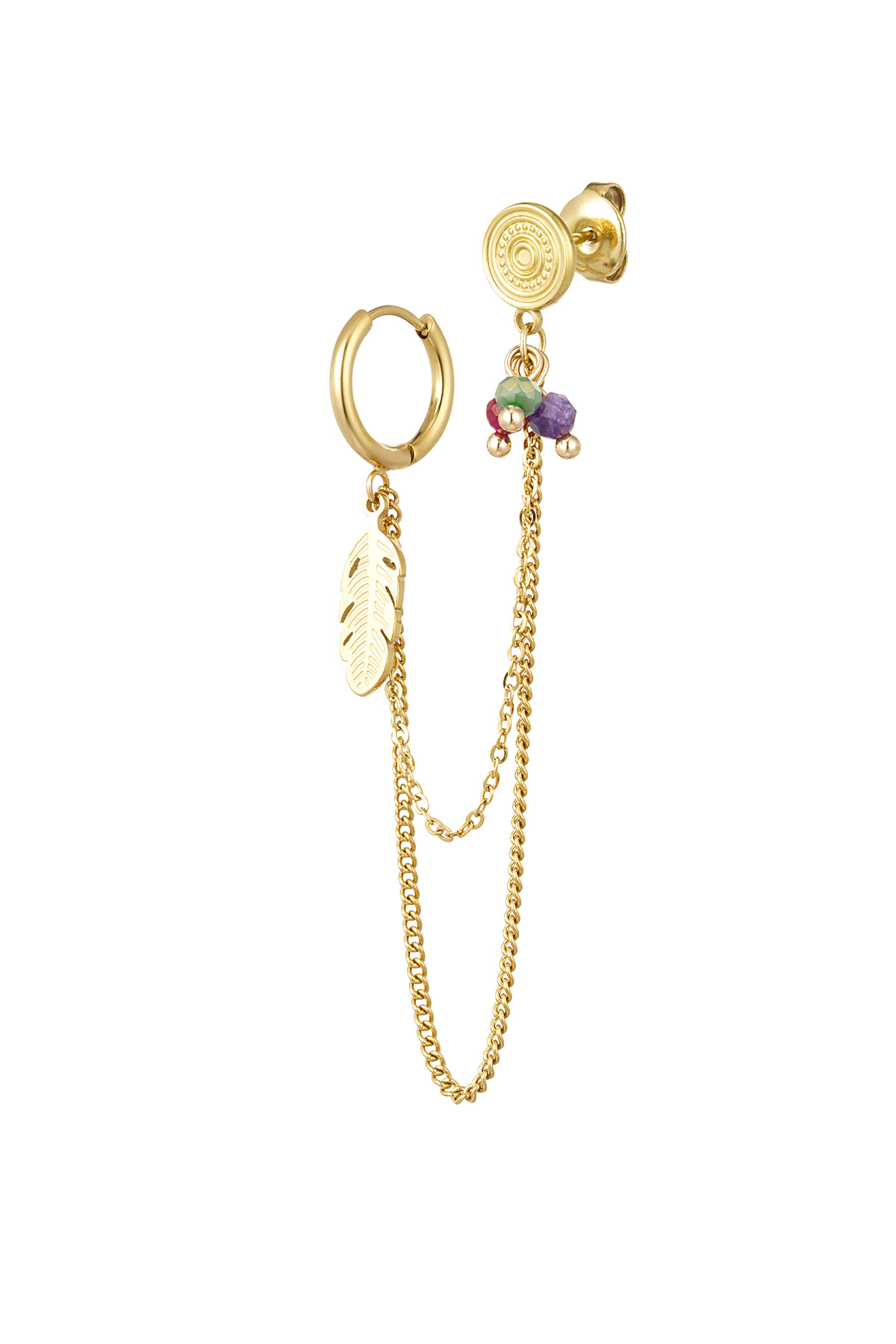 Ohrring mit Ohrsteckerperlen und Feder – Goldfarbe - Goldfarbefarbe