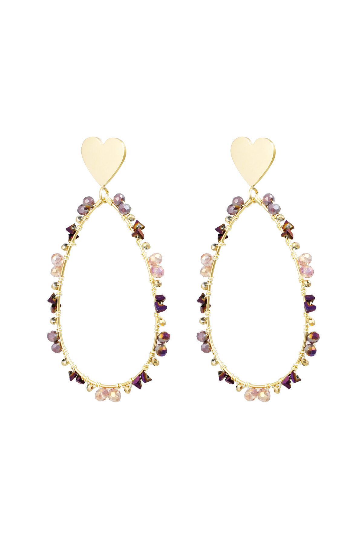 Boucles d'oreilles ovales avec perles et coeur - doré/violet 