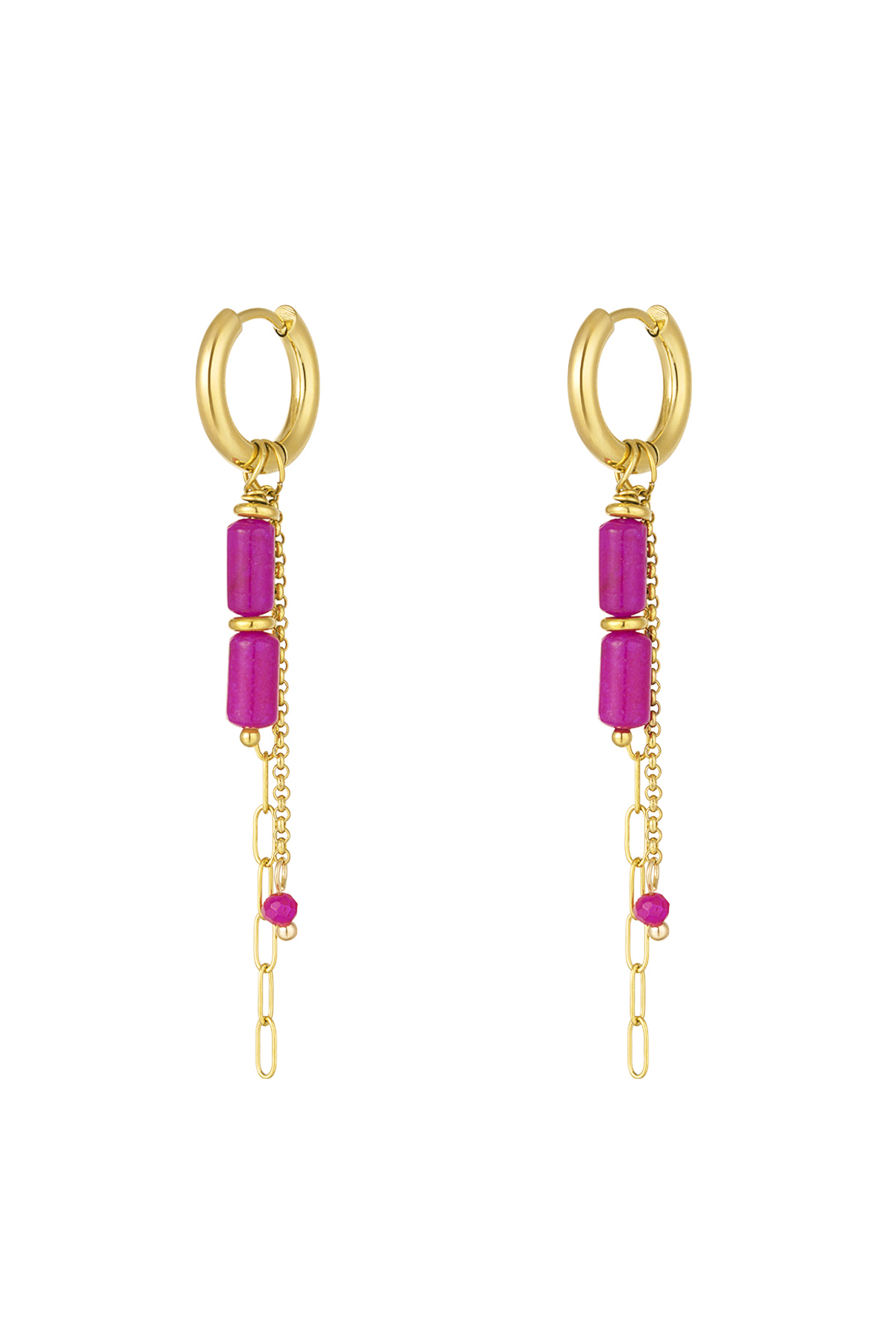 Earrings tube beads with chains - Gold color/fuchsia 2