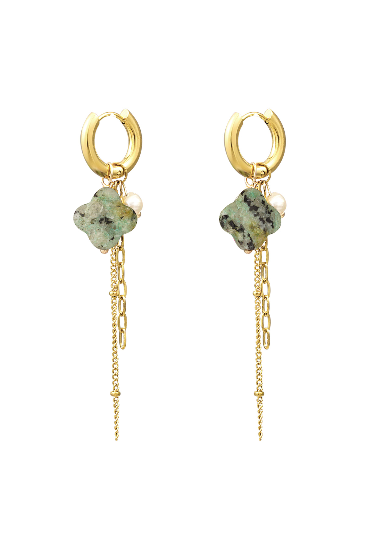 Clover earrings with chains - Gold color/olive green