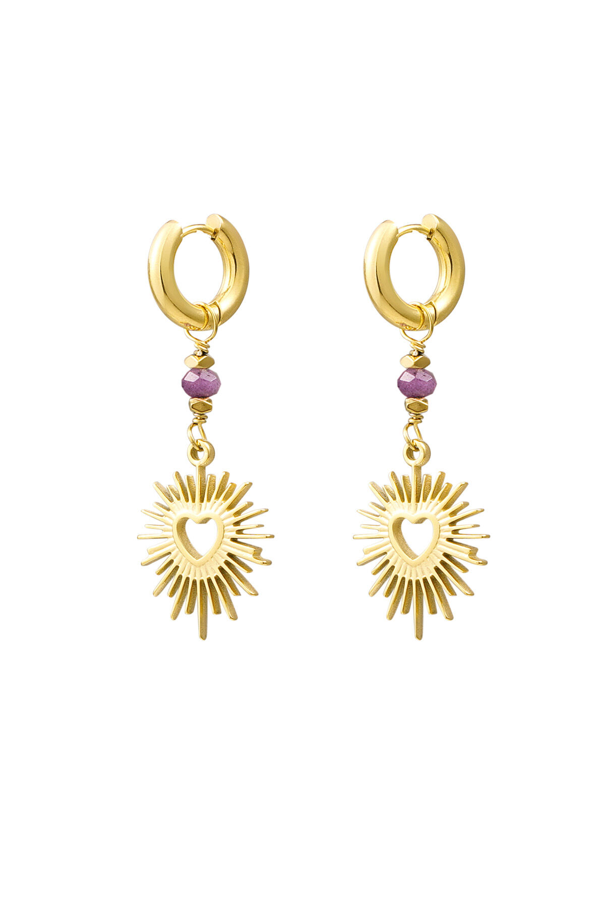 Earrings heart with stone - Gold color/purple