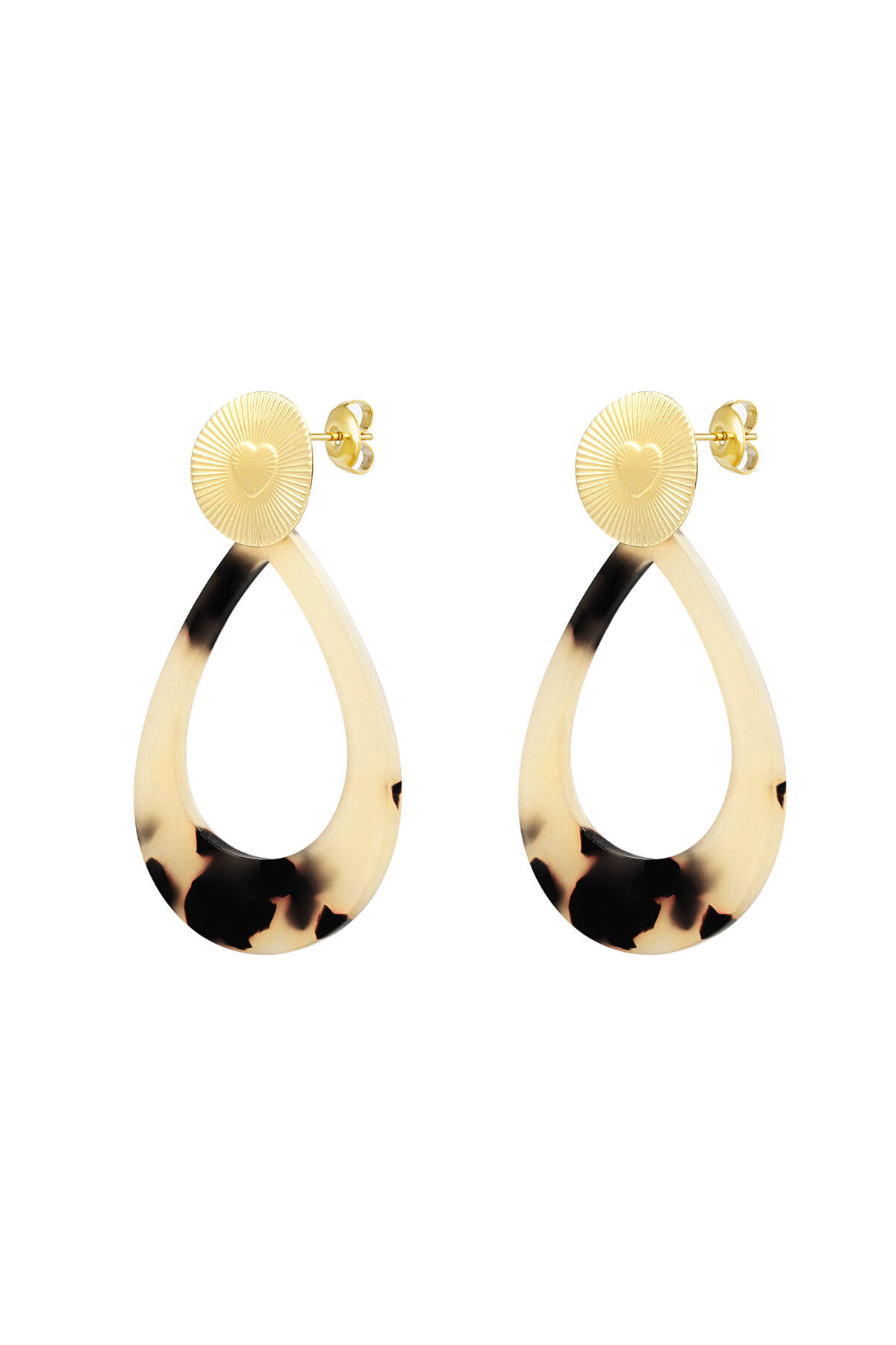 Oorbellen hart coin met ovaal - Goud kleur/beige 