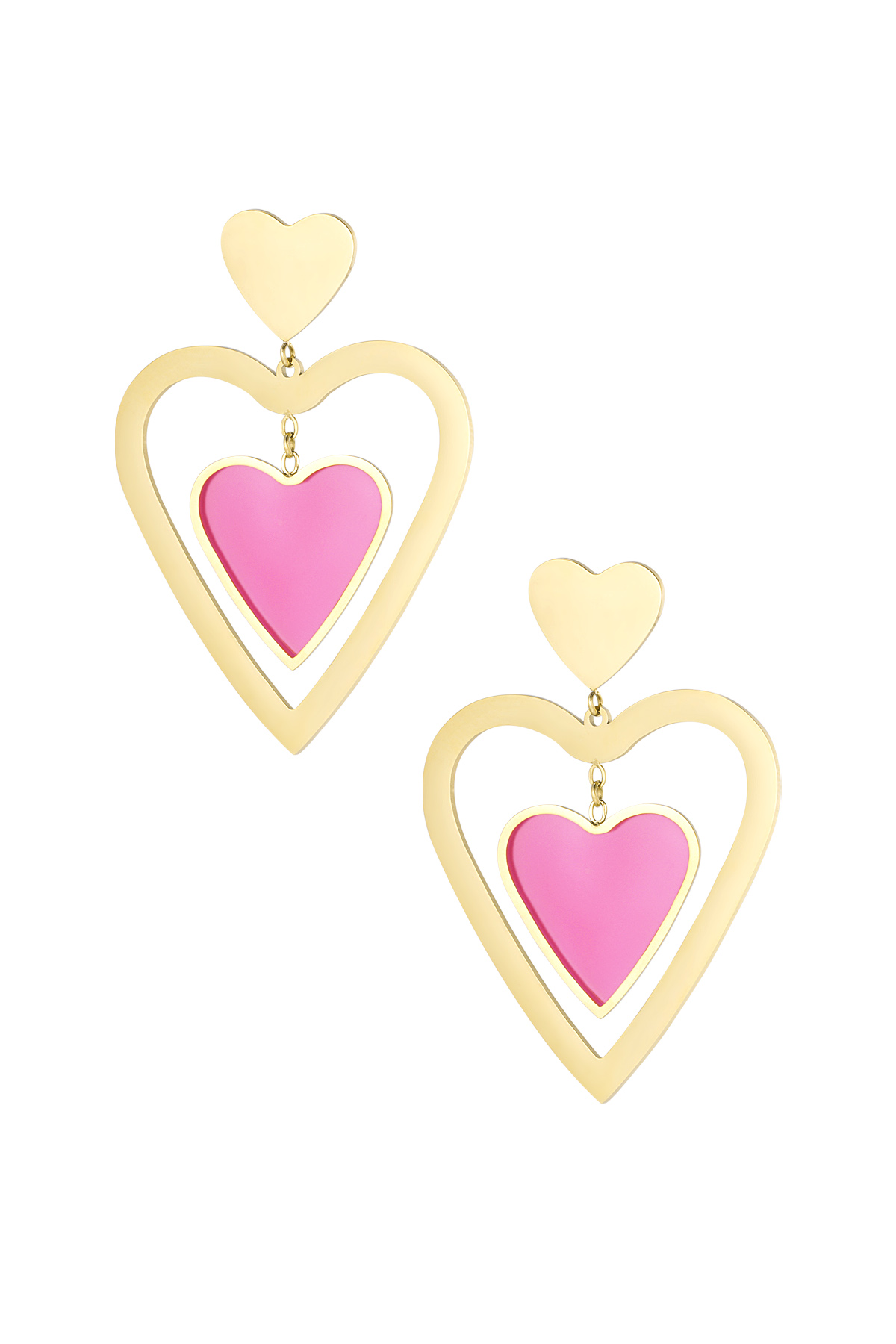 Double heart earrings - Gold color/pink 2