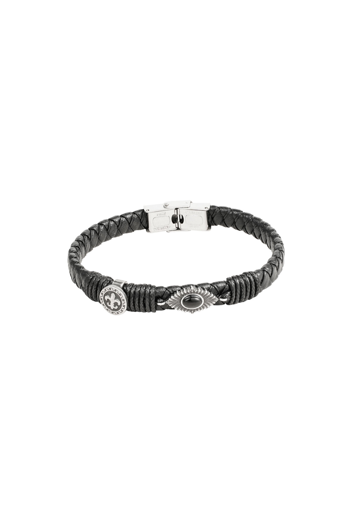 Heren armband gevlochten met steentjes - zilver/zwart 