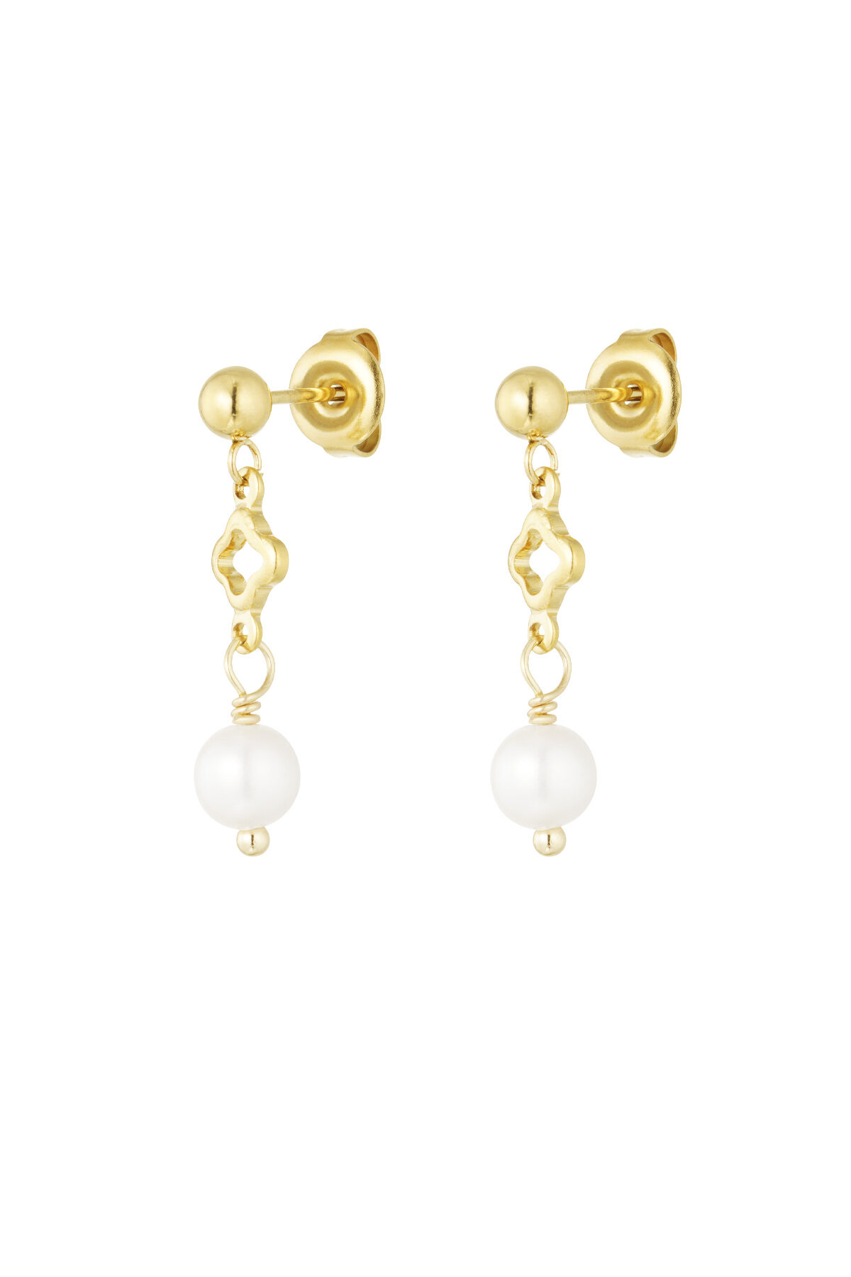 Boucles d'oreilles breloque trèfle et perle - dorées 