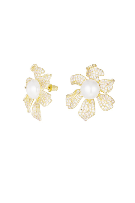 Earrings Sparkly Flower Pearl Silver Color - Zircon Copper