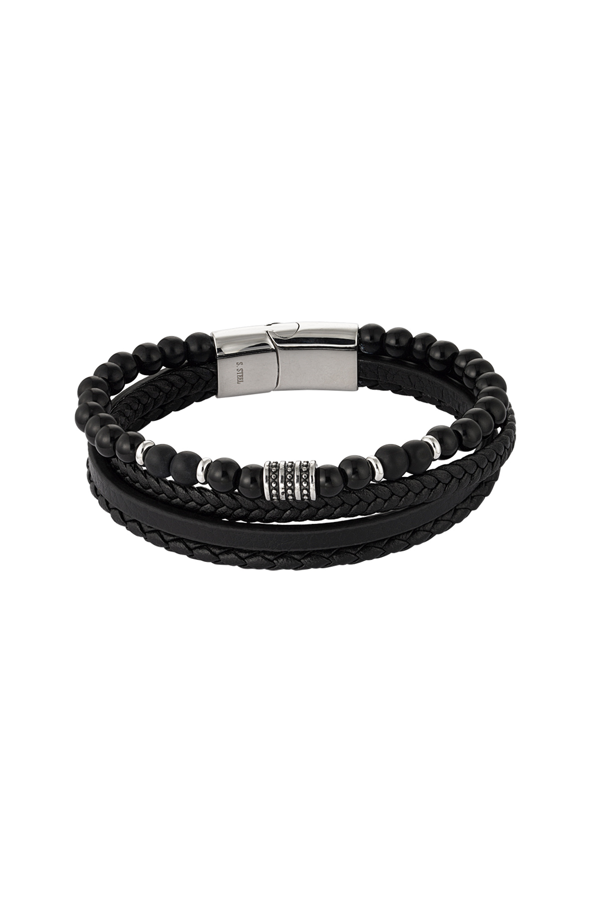 Men's Bracelet Double Braided With Beads - Silver Color/Black