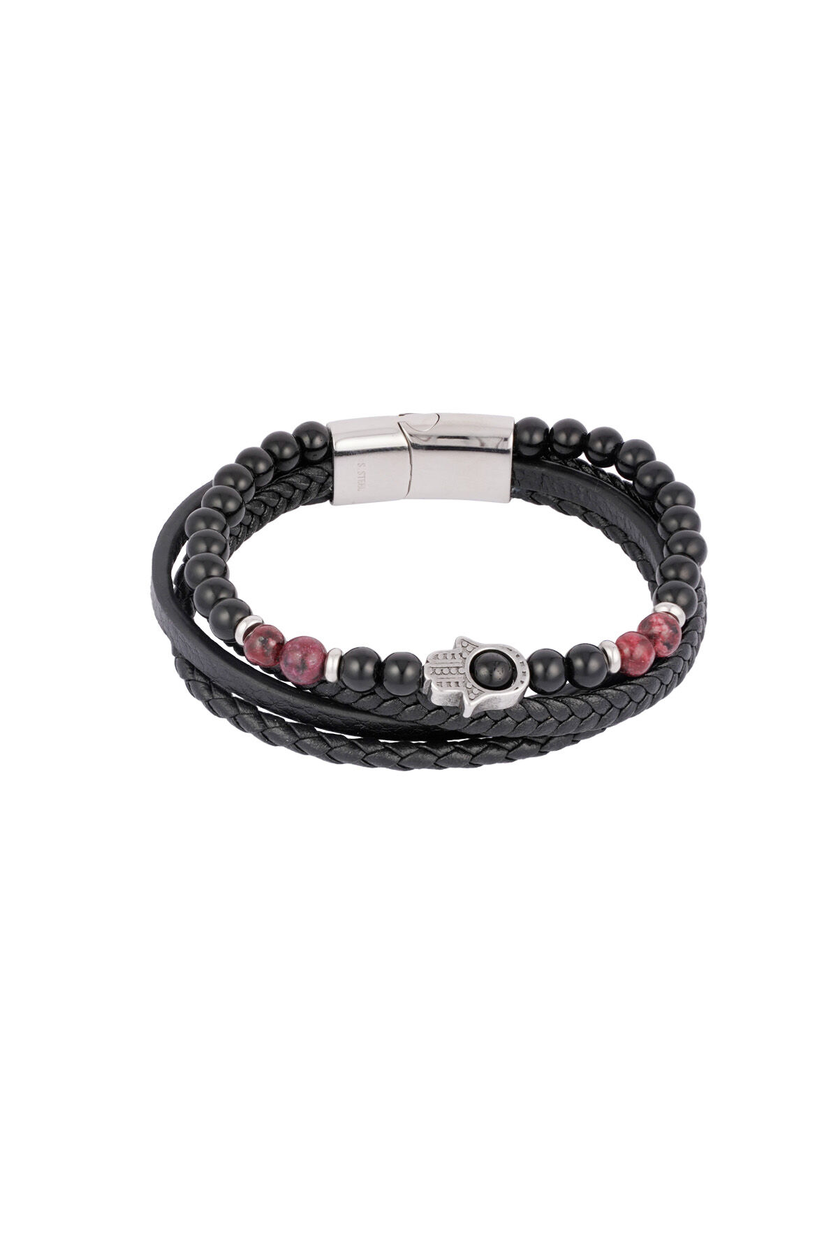Bracciale doppio da uomo con ciondolo a mano - Nero Argento