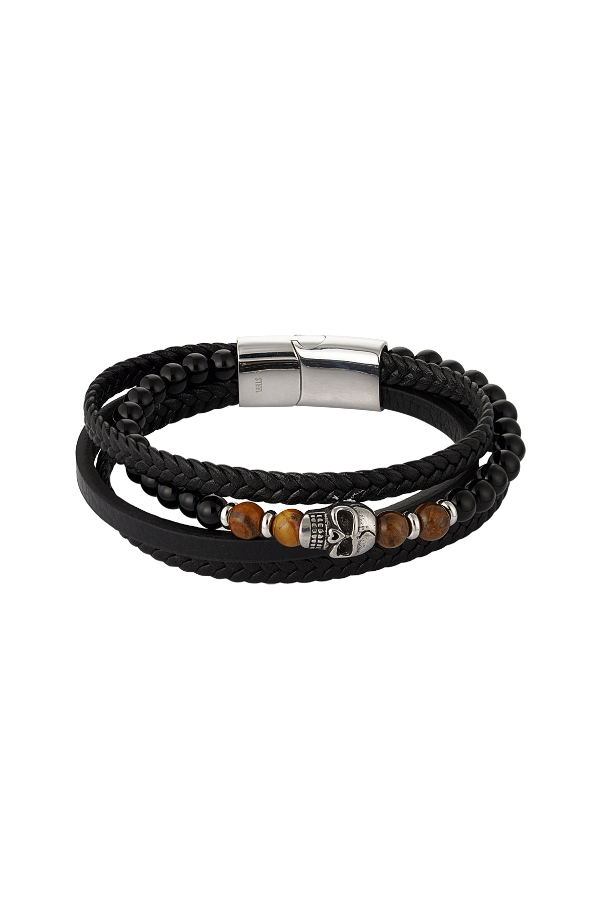 Bracciale doppio da uomo intrecciato con perline e ciondolo teschio - marrone/nero 2