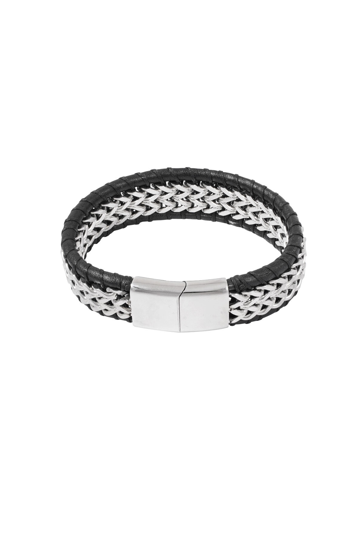 Men's bracelet with leather - silver color black 2