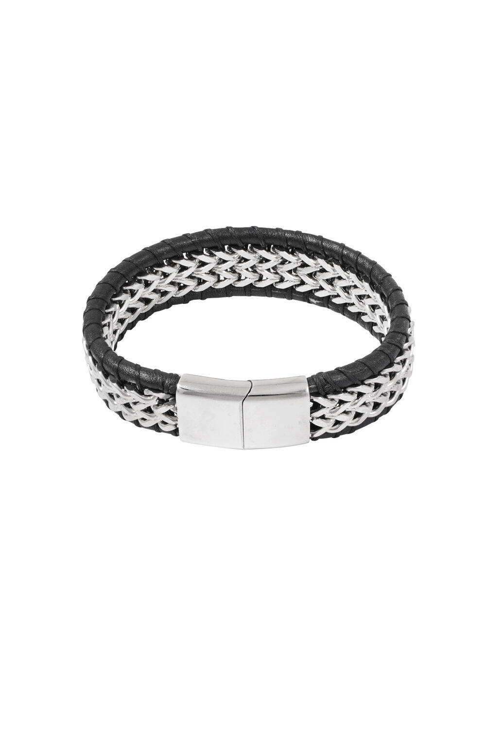 Men's bracelet with leather - silver color black Picture2