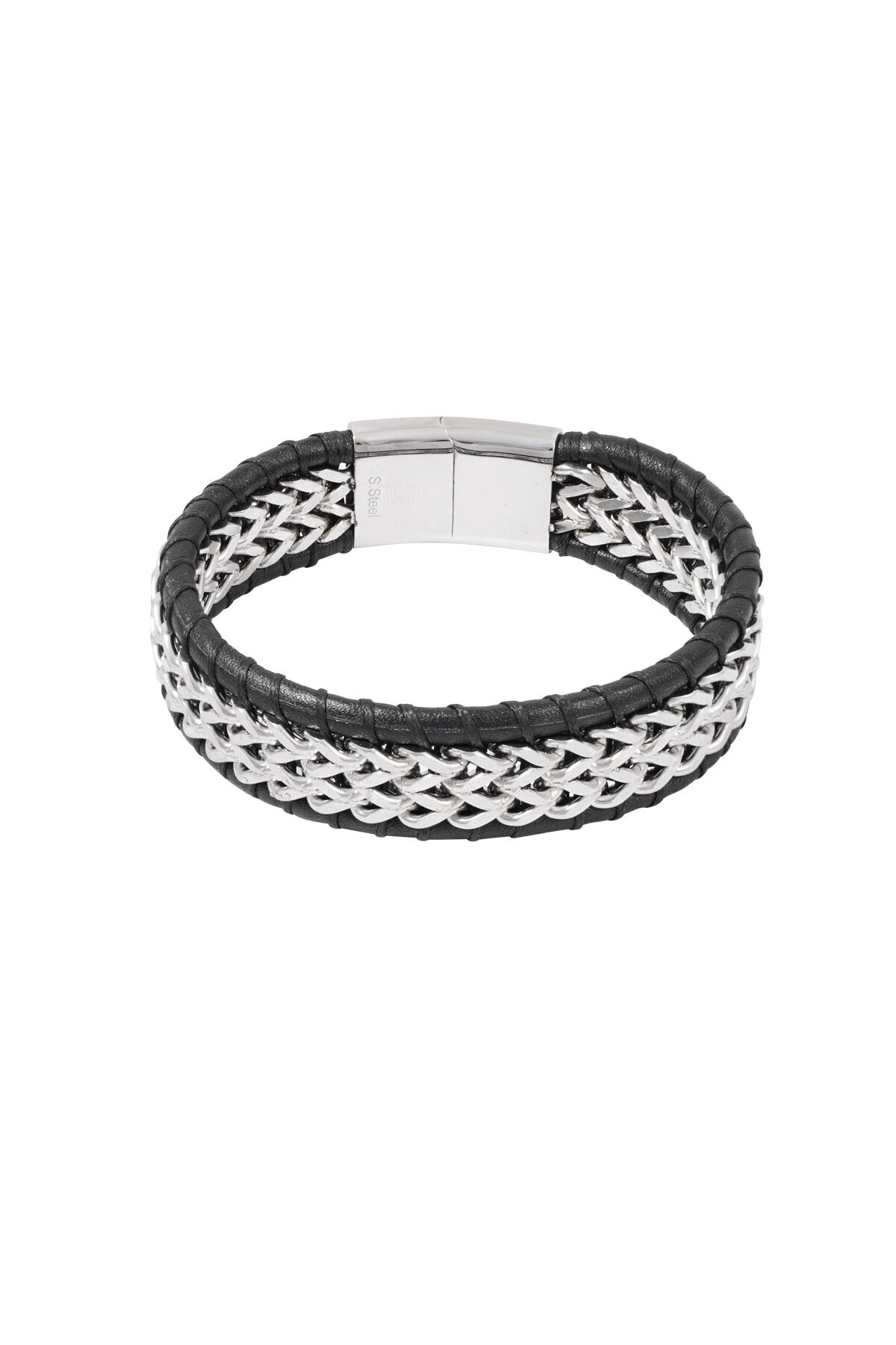 Men's bracelet with leather - silver color black