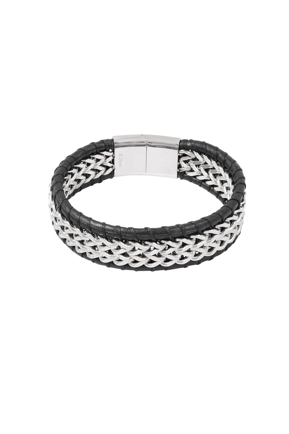 Men's bracelet with leather - silver color black