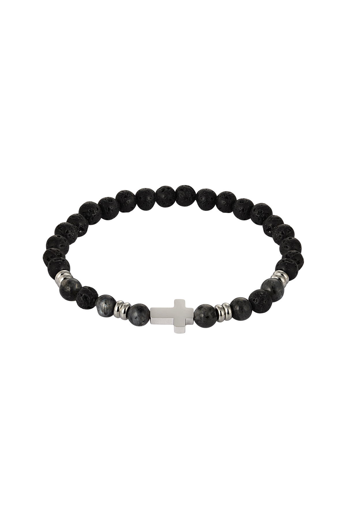 Bracelet homme en perles avec croix - argent noir 