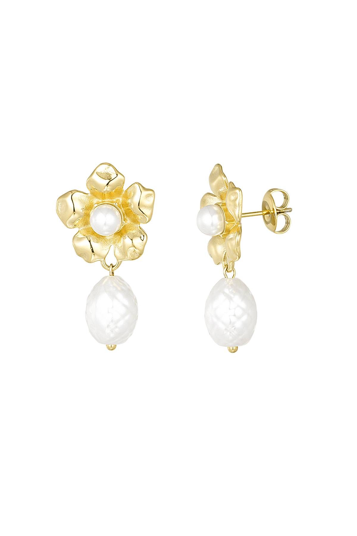 Pendientes llamativos de perlas y flores - dorado 